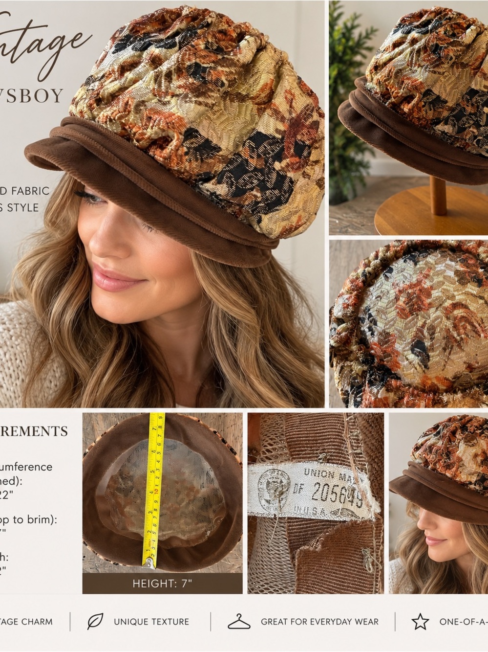 Vintage-Inspired Brown Floral Newsboy Cap